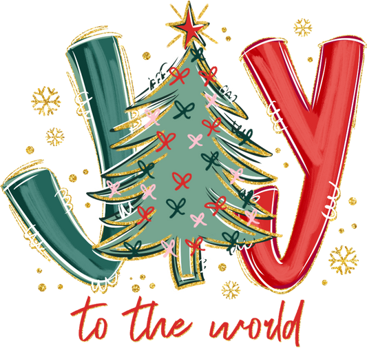 Christmas-themed design with a tree and 'Joy to the world' text on a white background.